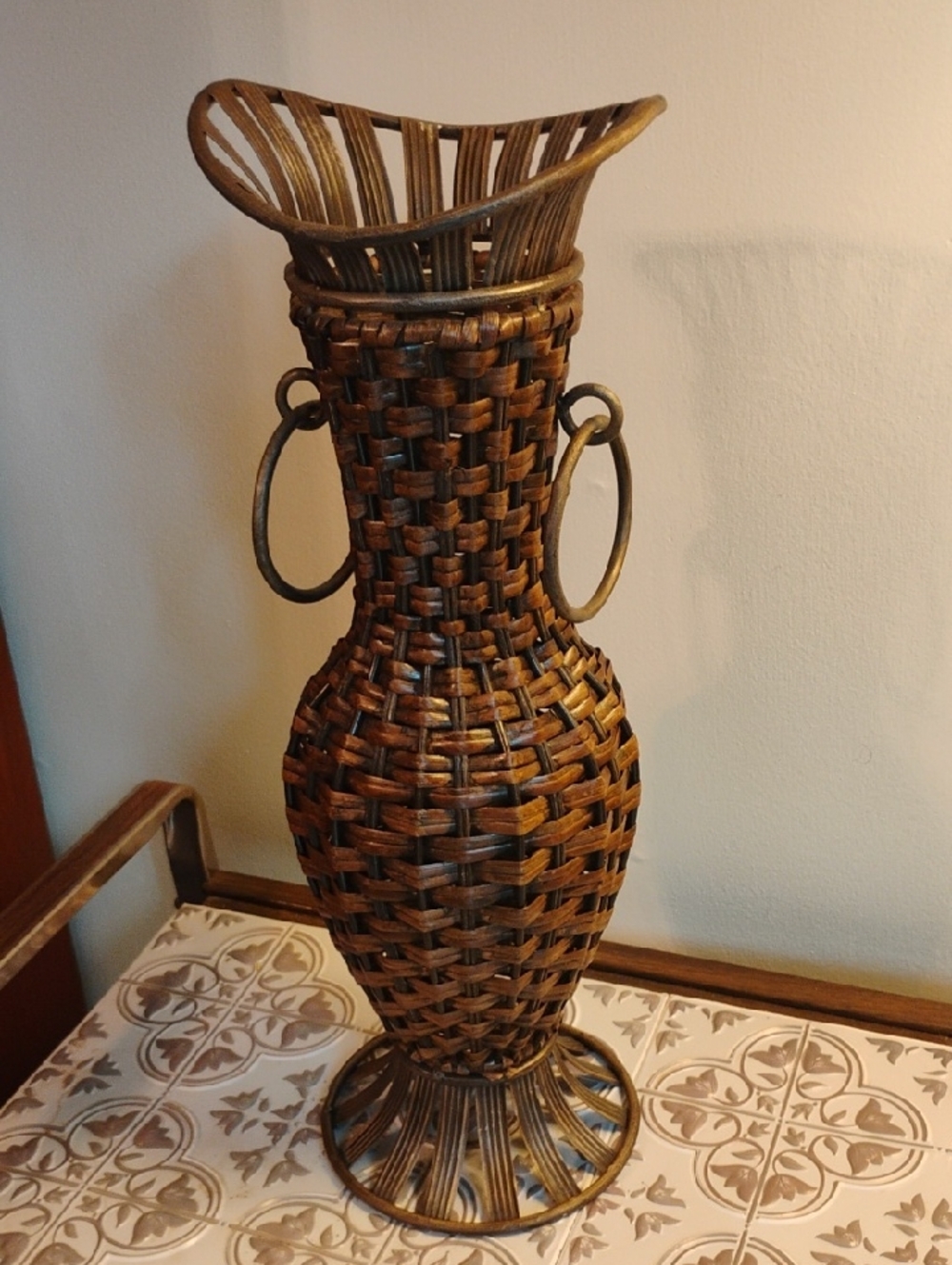Vintage Wicker 18" Rattan And Metal Vase With Handles Greek Style,  Grecian